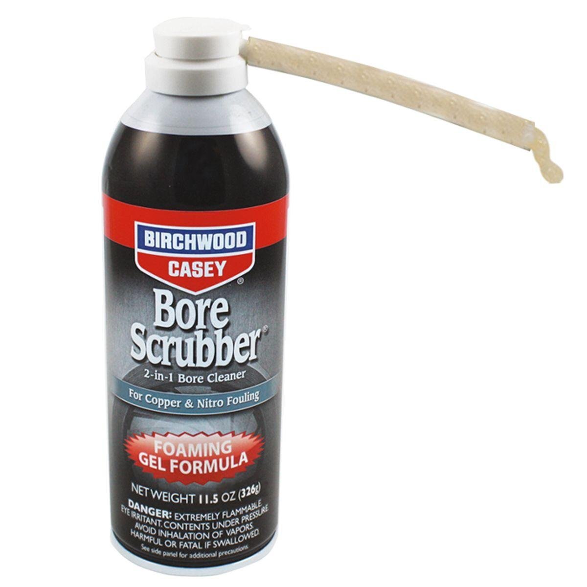 11.5 oz can of Birchwood Casey Bore Scrubber 2-in-1 foaming gel bore cleaner with straw applicator attached to nozzle, on white background.