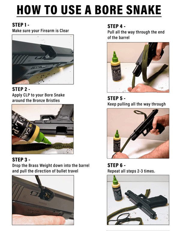 Instructional infographic showing six steps for cleaning a pistol with a bore snake and CLP lubricant.