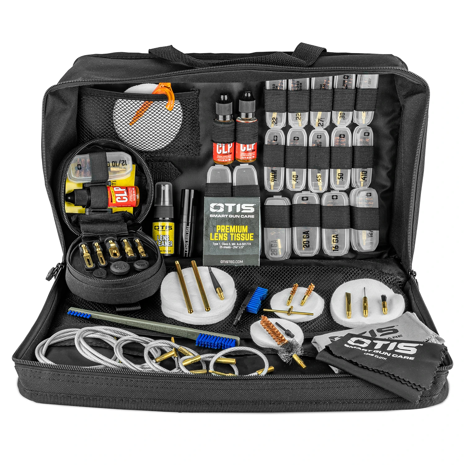Otis Smart Gun Care universal gun cleaning kit open in its black soft case, displaying organized rows of caliber-specific cleaning components, Memory-Flex pull-through cables, brushes, jags, CLP lubricant bottles, and a lens cloth.