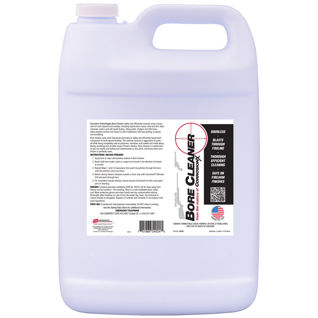 One-gallon jug of Corrosion Technologies Bore Cleaner with product label showing instructions and safety information.