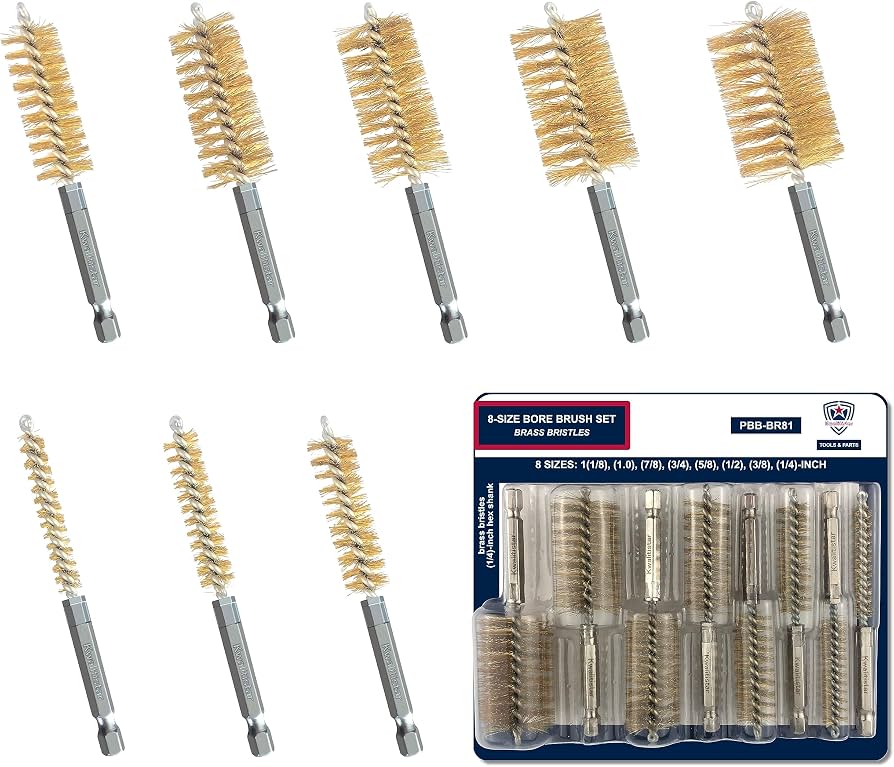 Eight brass bore brushes with hex shanks arranged individually above their retail packaging, showing a range of brush diameters from small to large.