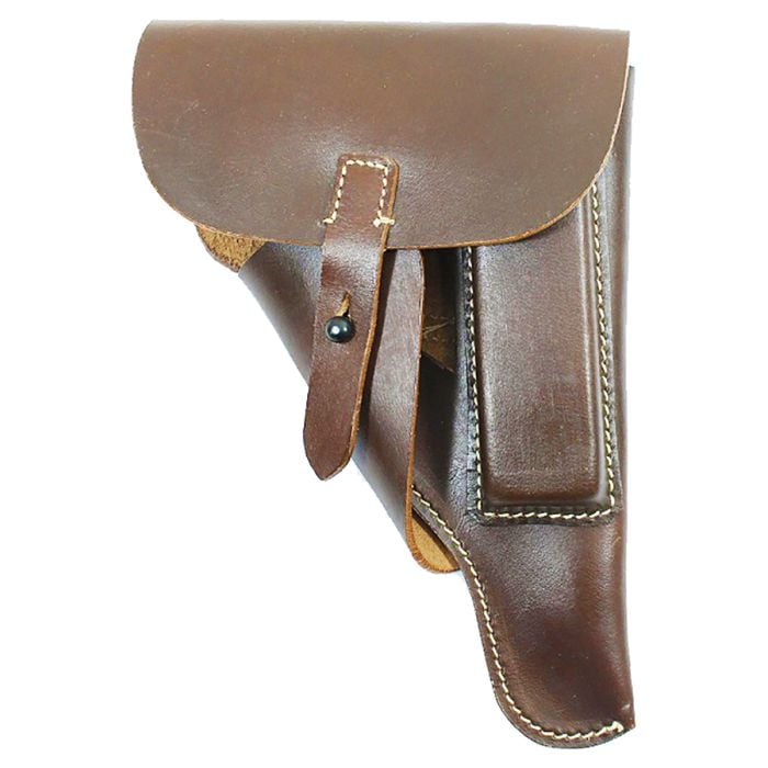 Brown leather military flap holster with snap strap and external magazine pouch, consistent with Bundeswehr P1 issue gear