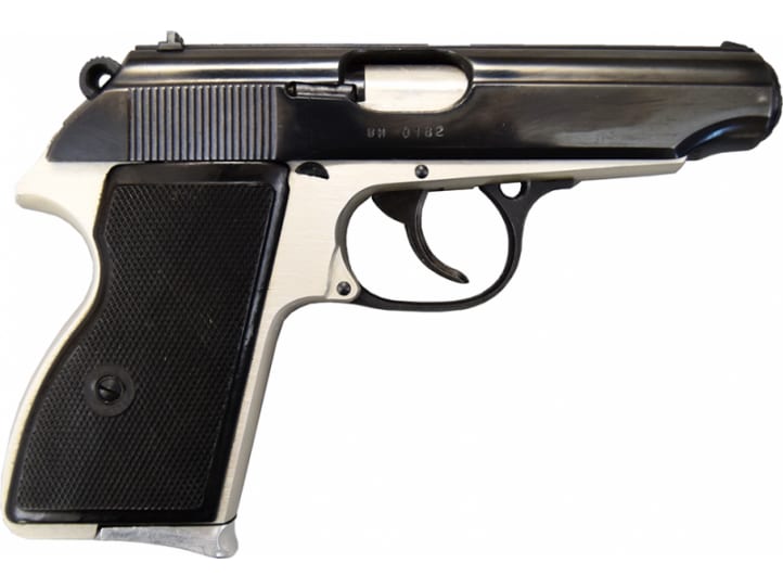 Hungarian PA-63 semi-automatic pistol, two-tone silver frame and blued steel slide, right side view