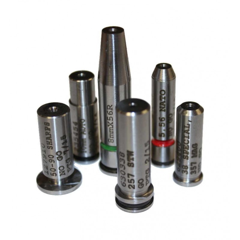 Headspace go/no-go gauges in multiple calibers including 5.56 NATO, 8mmX56R, and 38 Special