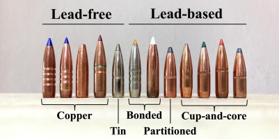 Lineup of hunting bullets labeled by type: lead-free copper and tin bullets on the left, lead-based bonded, partitioned, and cup-and-core bullets on the right.