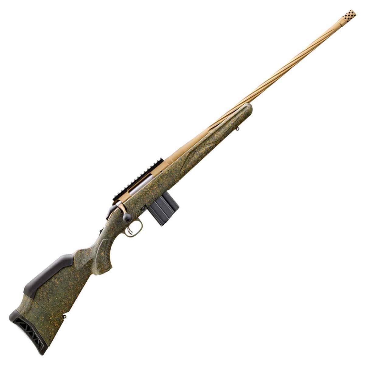 Ruger American Gen II Predator bolt-action rifle with FDE barrel, green speckled synthetic stock, threaded muzzle, and detachable box magazine, shown on white background.