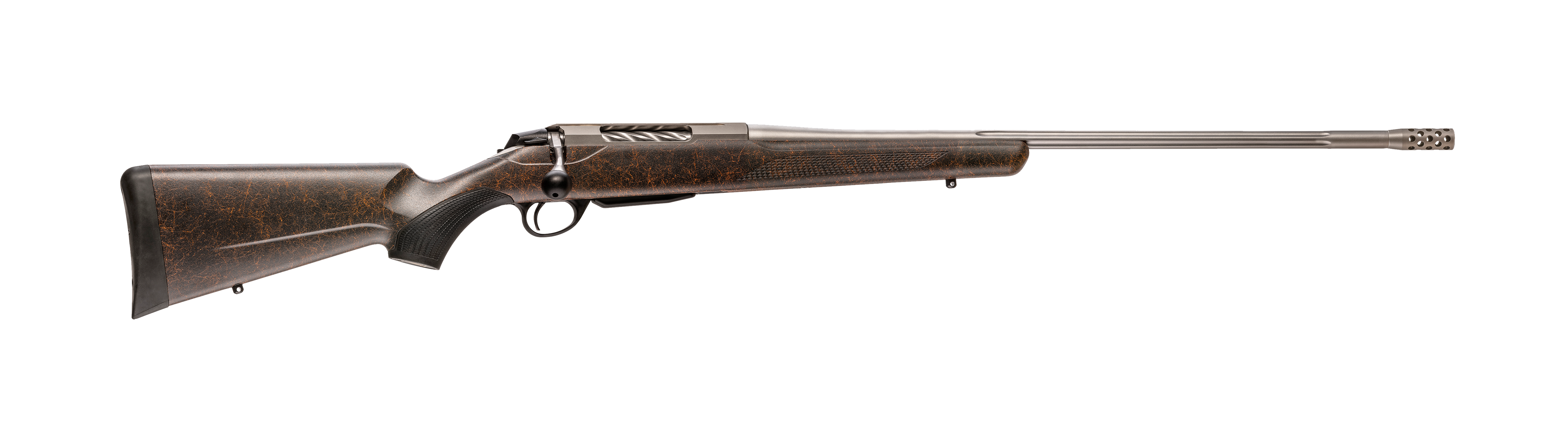 Tikka T3x Roughtech Ember bolt-action rifle with brown web-pattern stock and stainless fluted barrel on white background.