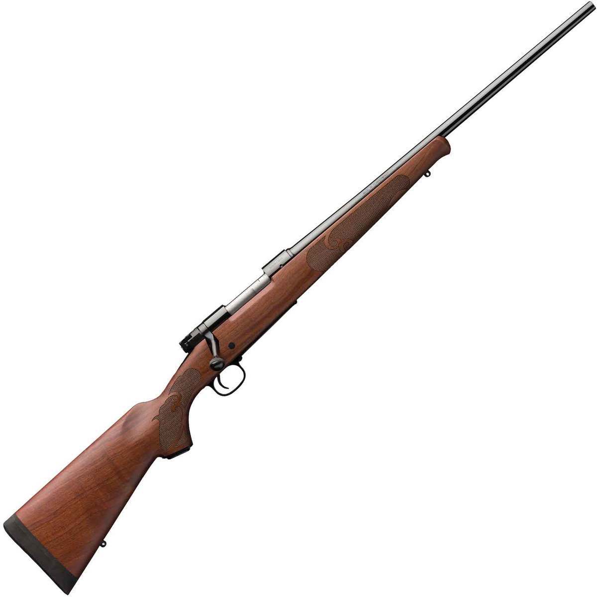 Winchester Model 70 Featherweight bolt-action rifle with blued finish and checkered walnut stock, shown on white background.