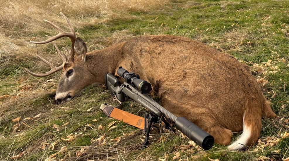 Suppressed bolt-action rifle with bipod and Leupold scope resting on a harvested whitetail deer buck in a grassy field.