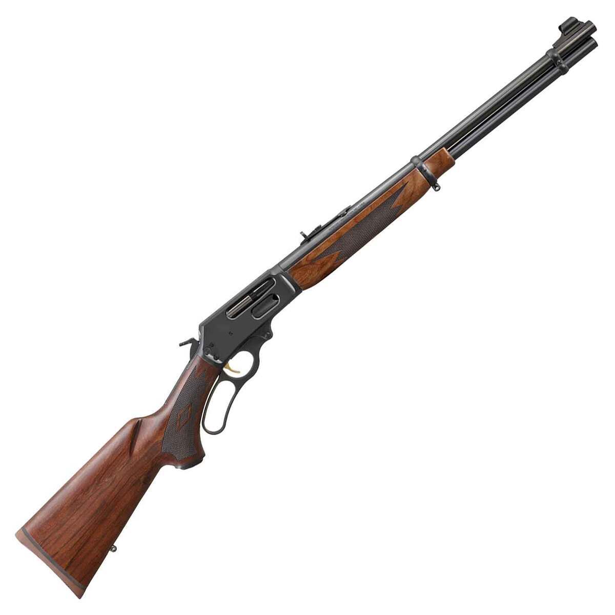 Marlin 336 lever-action rifle with blued finish and checkered walnut stock, shown on white background