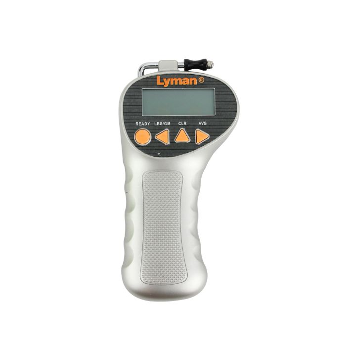 Lyman digital trigger pull gauge with LCD display, orange navigation buttons, textured grip handle, and metal hook attachment on white background.