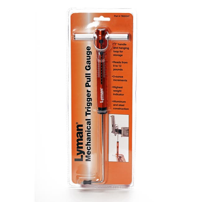Lyman Mechanical Trigger Pull Gauge in retail packaging, showing the orange aluminum gauge with T-handle and product specifications on the card.