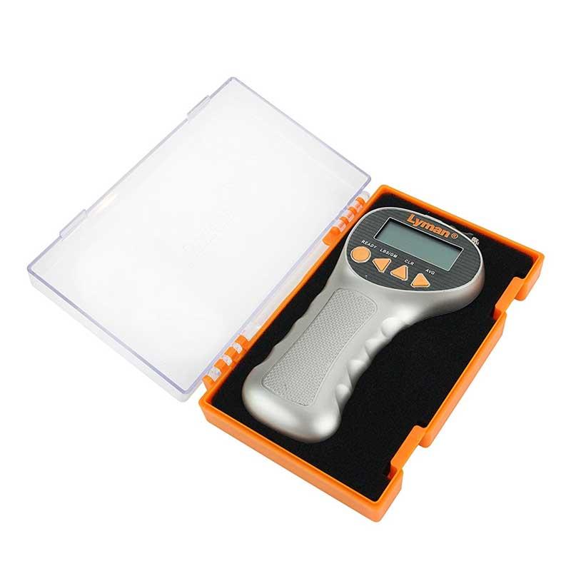 Lyman digital trigger pull gauge in orange plastic storage case with foam insert, lid open