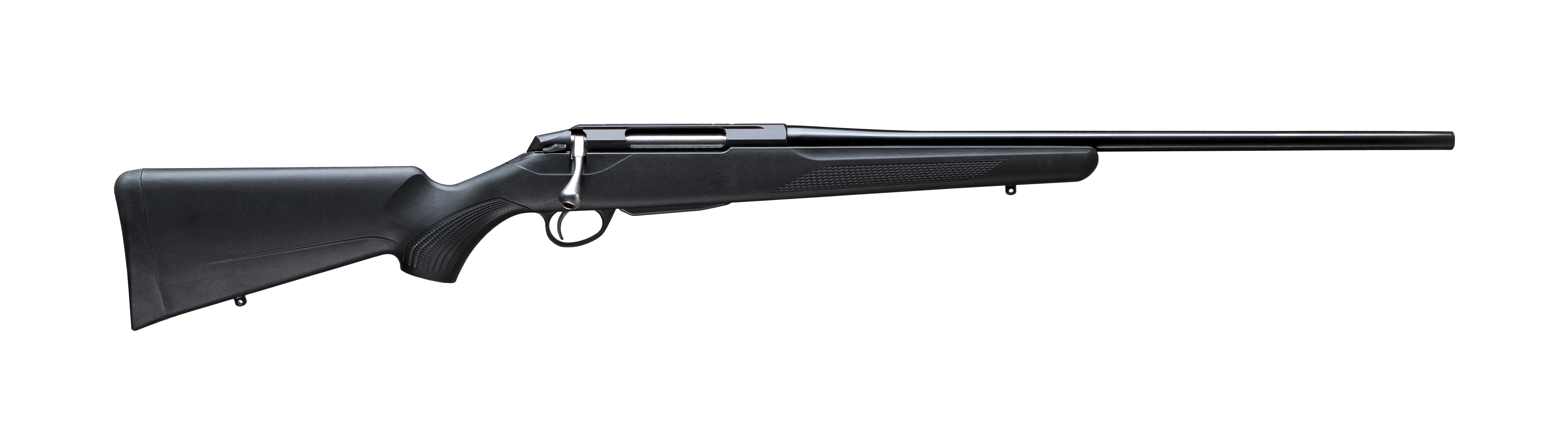 Tikka T3x Lite bolt-action rifle with black synthetic stock and blued barrel on white background, left-side profile view.