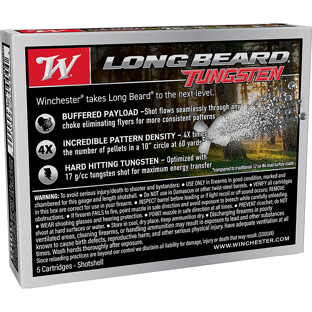 Winchester Long Beard Tungsten shotshell box back panel highlighting buffered payload, pattern density, and tungsten shot features.