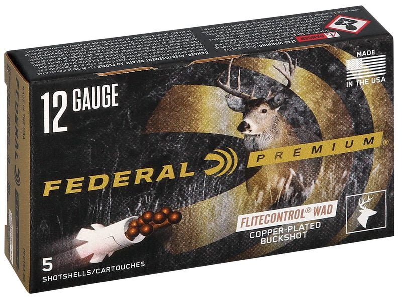 Federal Premium 12-gauge FliteControl Wad copper-plated buckshot shotshell box, 5 rounds