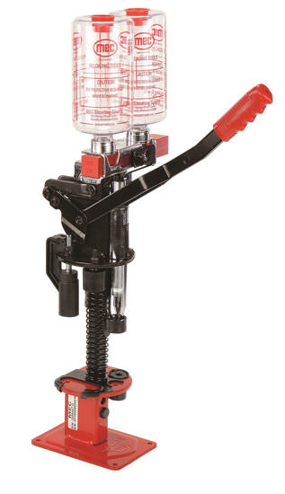 MEC shotshell reloading press with dual transparent hoppers, red handle, and spring-loaded base