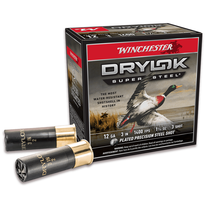 Winchester Drylok Super Steel 12ga 3-inch #3 steel shot shotshell box with two individual shells