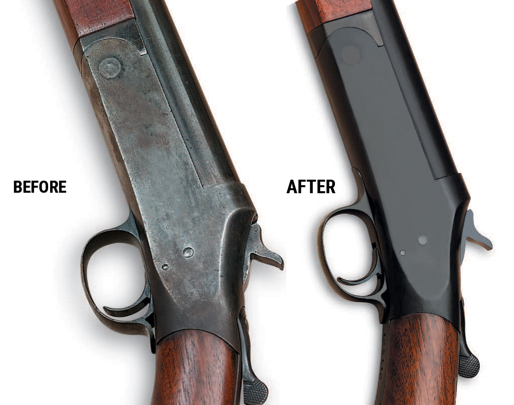 Side-by-side comparison of a shotgun receiver before and after refinishing, showing corroded bluing on the left and a clean, deep black finish on the right.