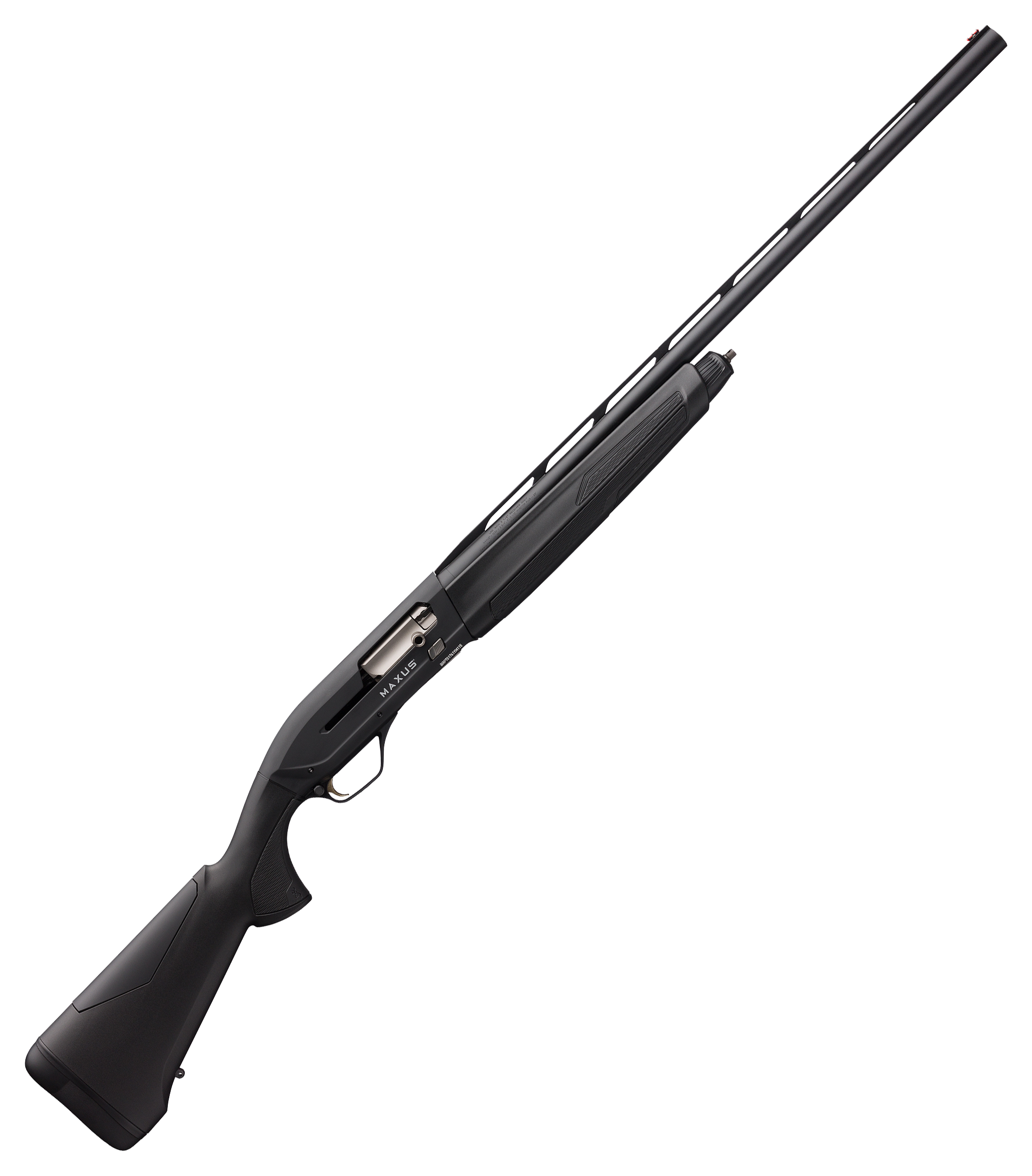 Browning Maxus II semi-automatic shotgun with black synthetic stock and matte black barrel on white background