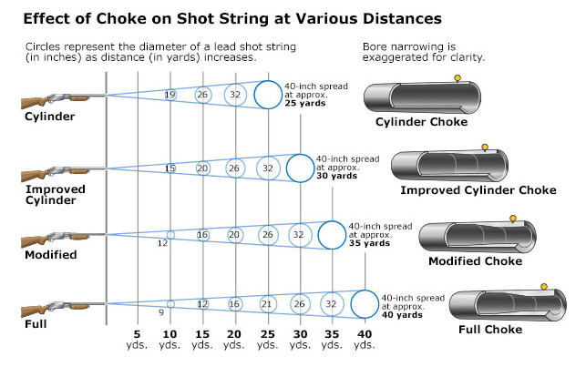 Diagram showing how cylinder, improved cylinder, modified, and full chokes affect shot string spread at distances from 5 to 40 yards, with cross-section illustrations of each choke constriction.