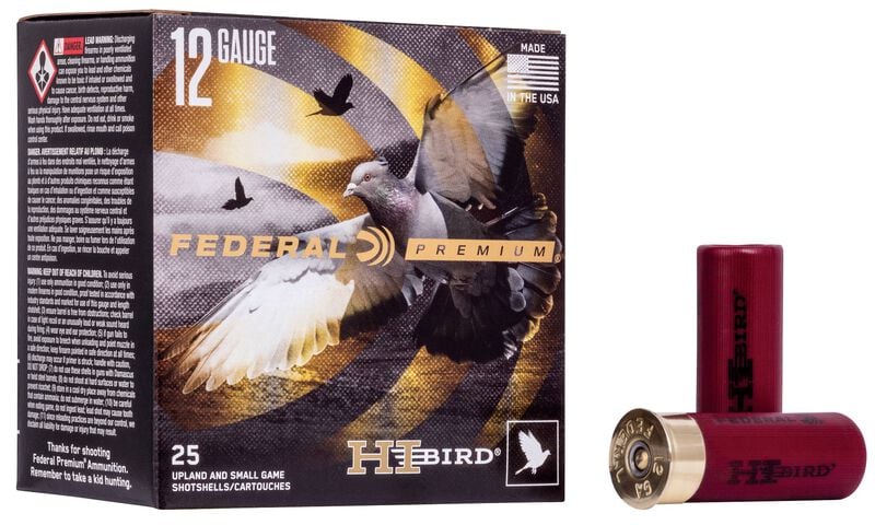 Box of Federal Premium Hi-Bird 12-gauge shotshells with two individual shells displayed beside it.