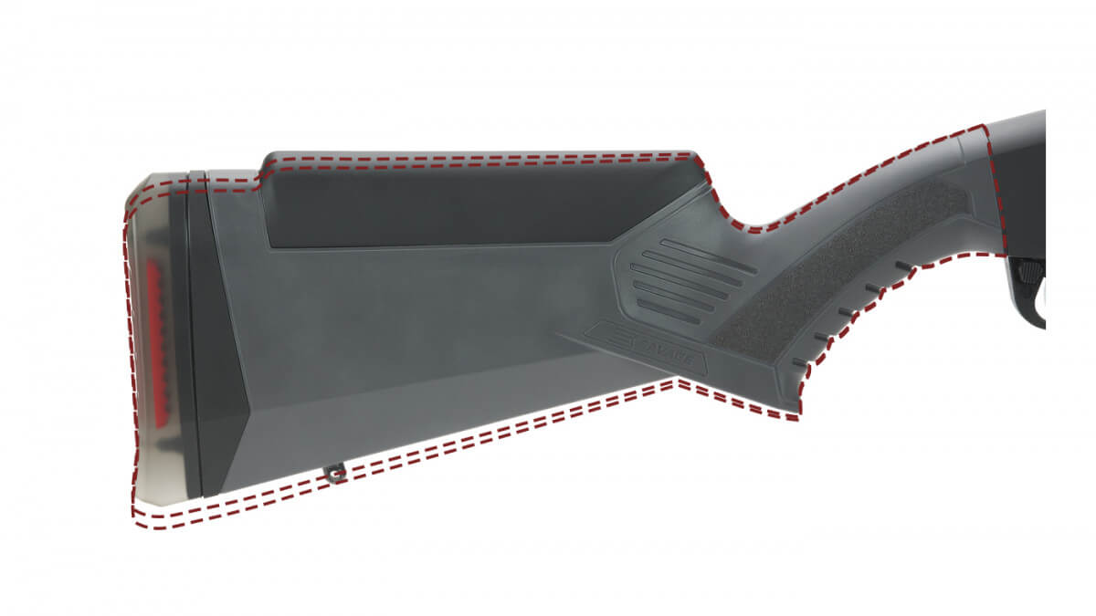 Close-up of a synthetic shotgun stock with red dashed outline highlighting the stock profile and recoil pad, showing the pistol grip and cheekpiece geometry.