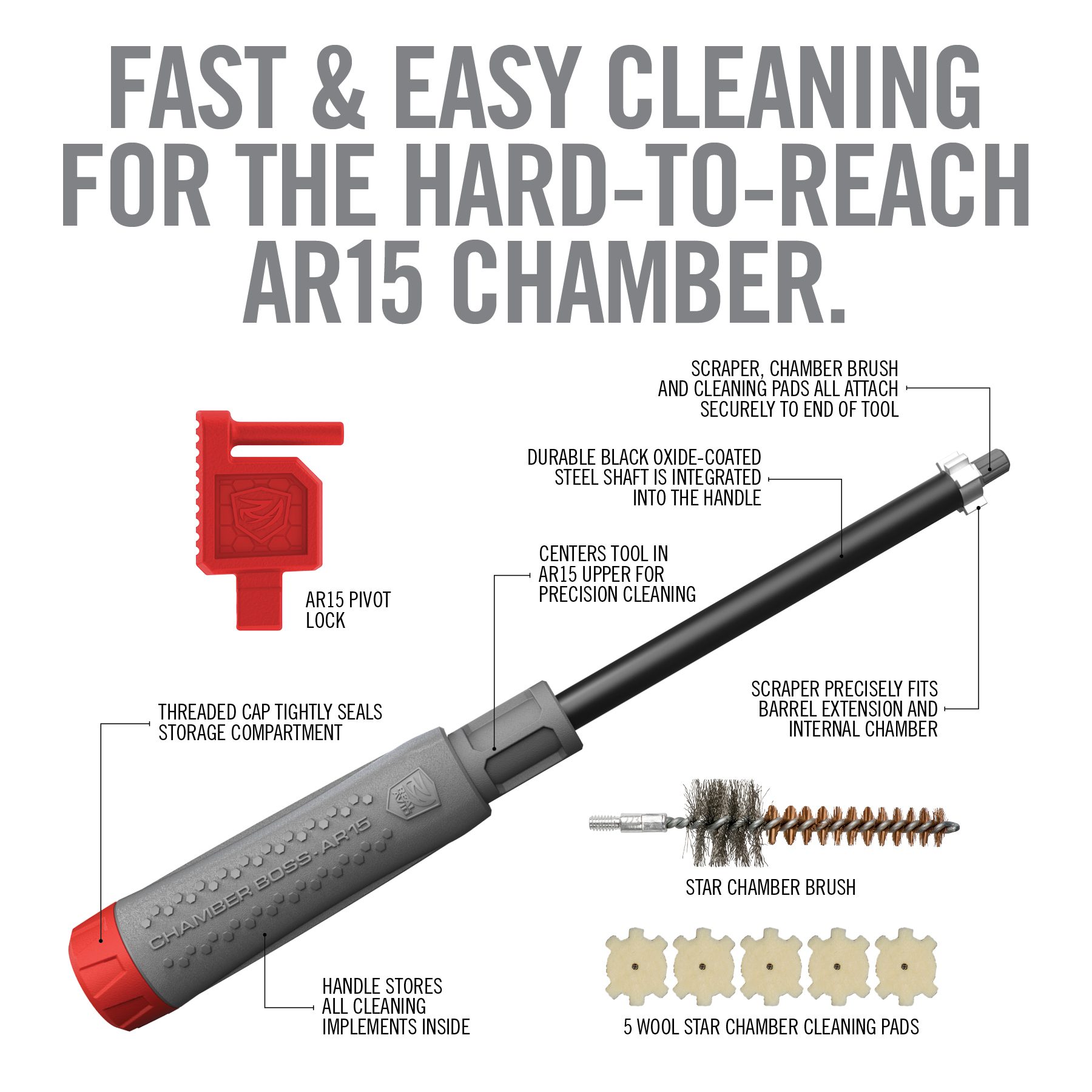 Annotated product diagram of the Chamber Boss AR-15 chamber cleaning tool showing its components: pivot lock, star chamber brush, wool cleaning pads, black oxide steel shaft, and storage handle.