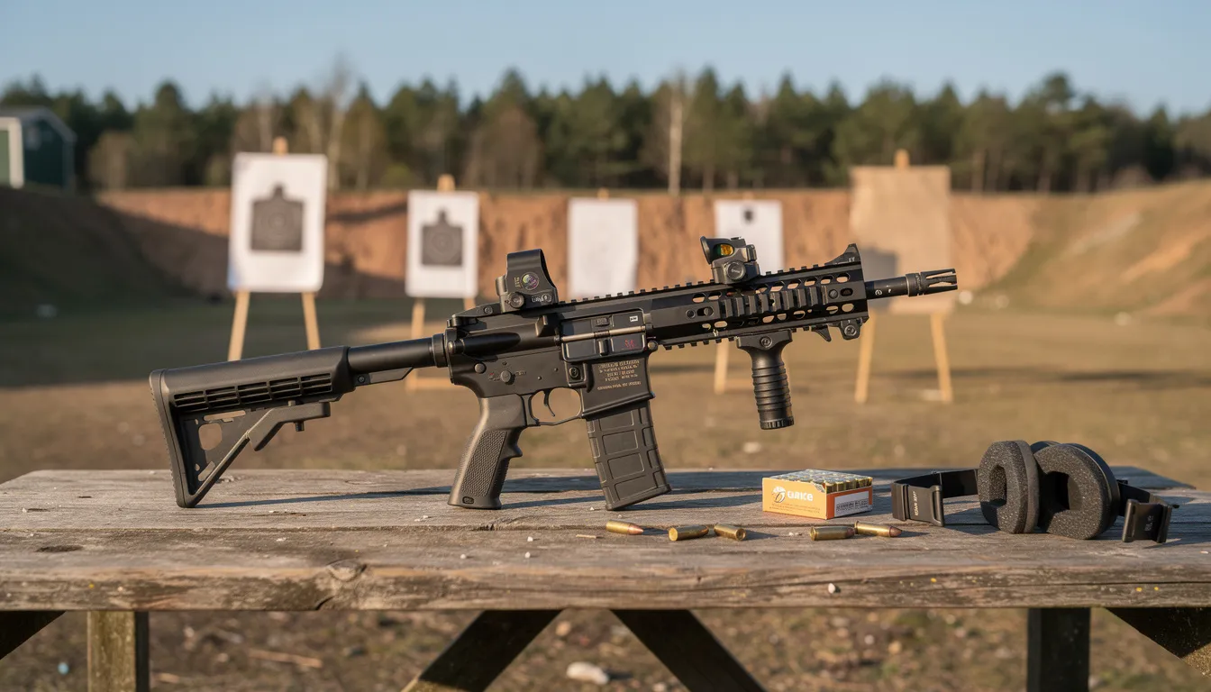 AR-15 carbine with optic and vertical grip on a wooden bench at an outdoor shooting range with paper targets in the background.