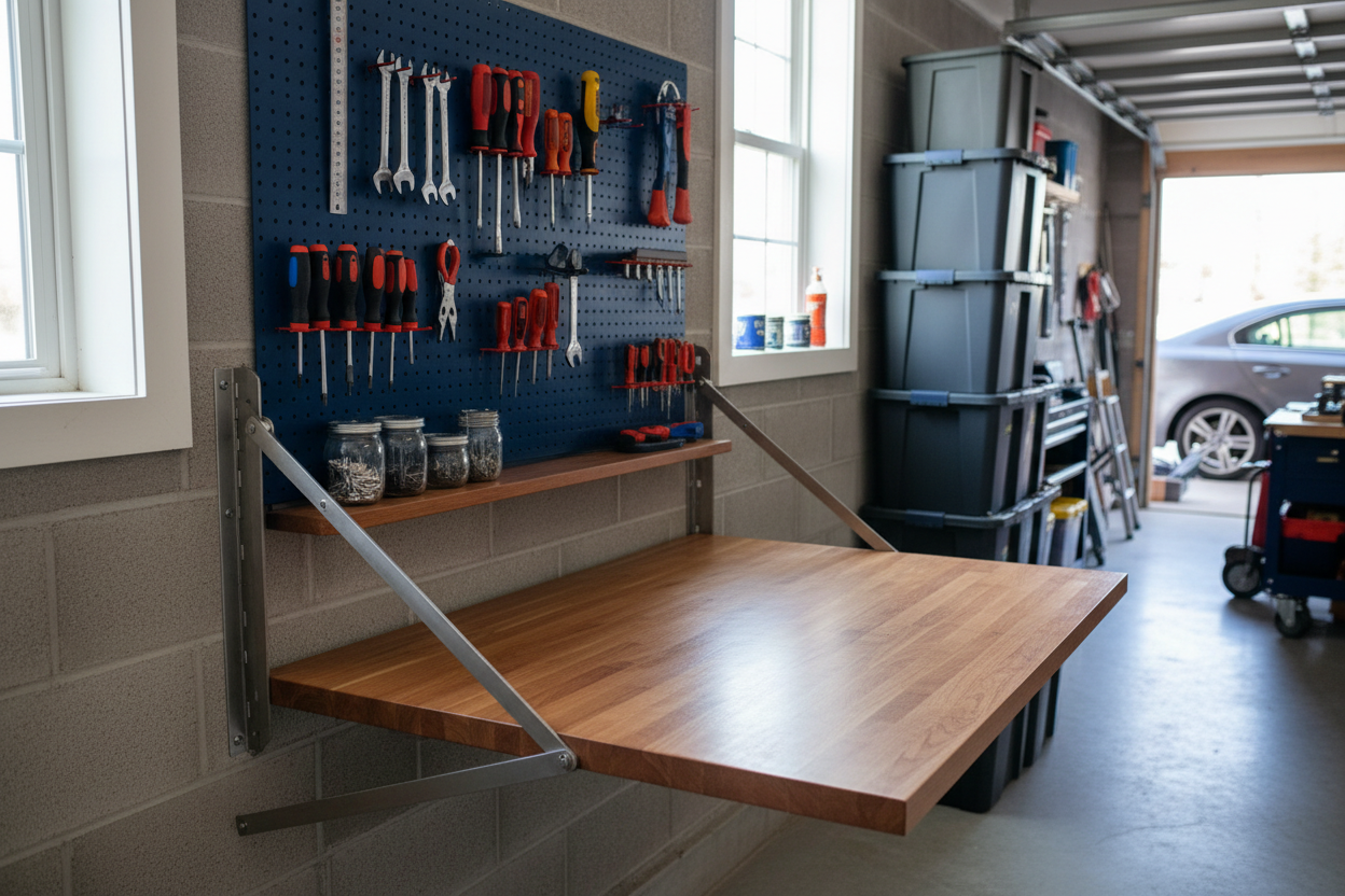 Fold-down wall-mounted workbench with butcher block top and steel folding brackets, mounted to a cinder block wall beside a blue pegboard tool organizer in a garage.