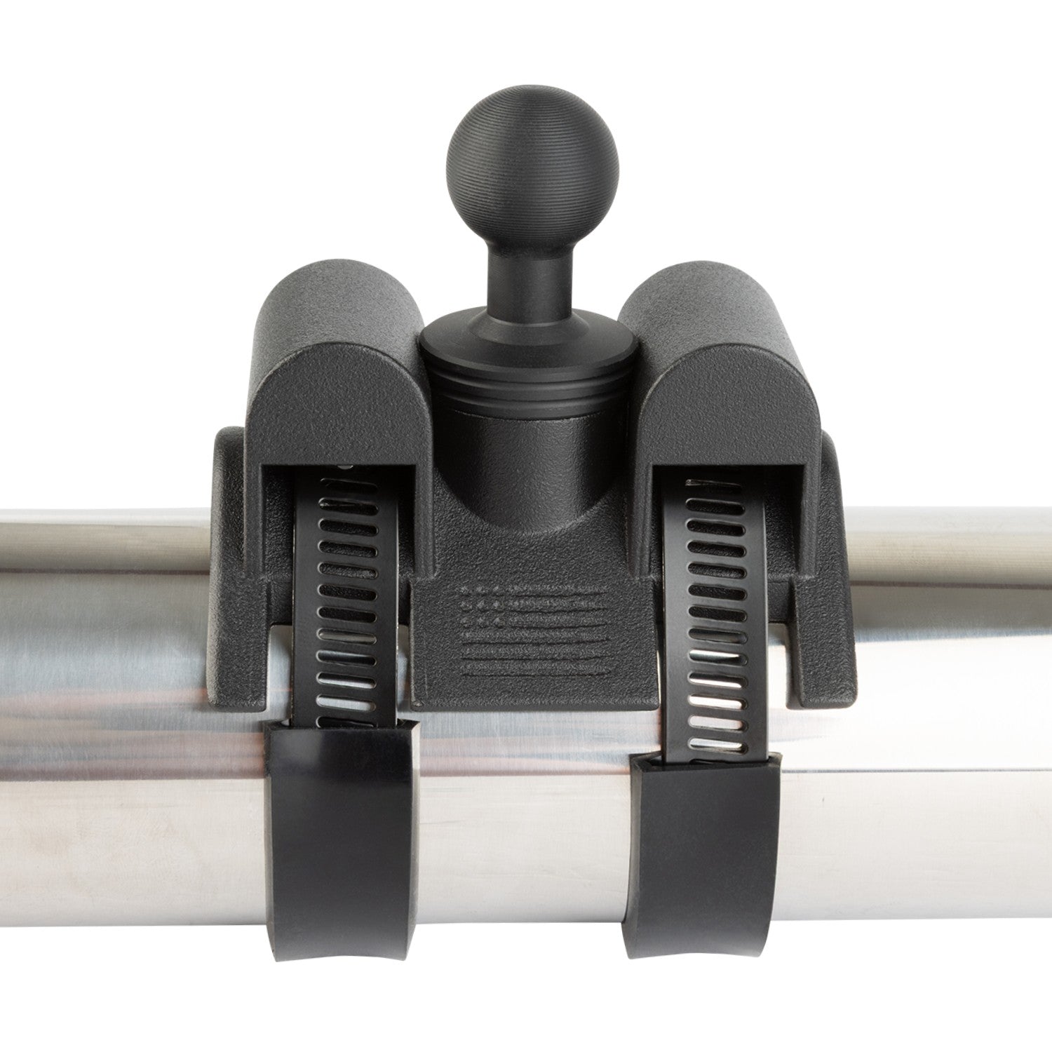 Black dual-strap rail clamp mount with ball head attached to a stainless steel tube, front view