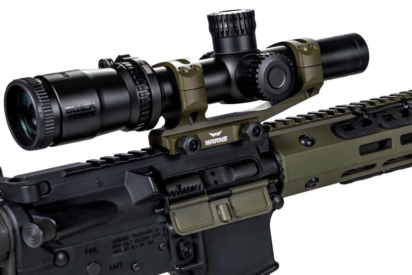 AR-15 with Warne cantilever mount and Black Force scope on olive drab upper receiver