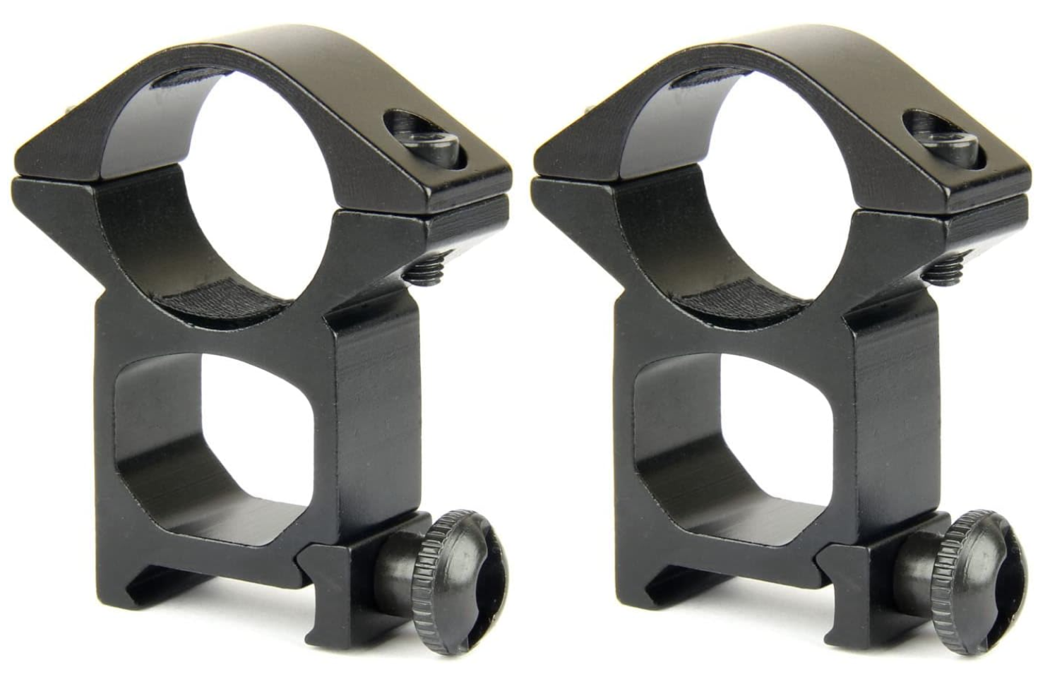 Pair of high-profile rifle scope rings with Picatinny-compatible bases, front and rear mounts shown separately