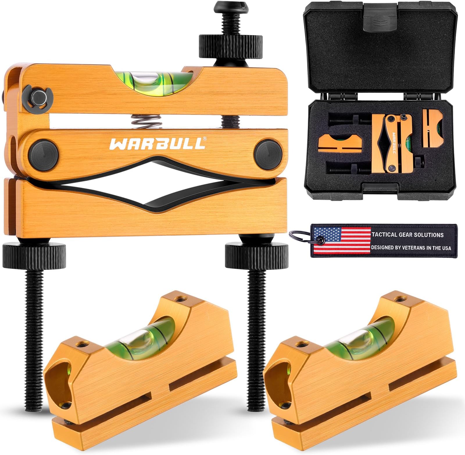 Warbull scope leveling kit with anti-cant level, two rail bubble levels, and hard carrying case