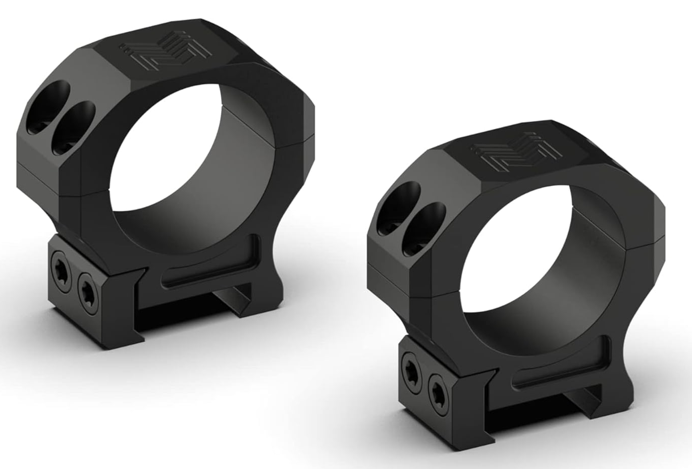 Pair of black aluminum Picatinny scope rings with six-screw top cap design, shown from a three-quarter angle.
