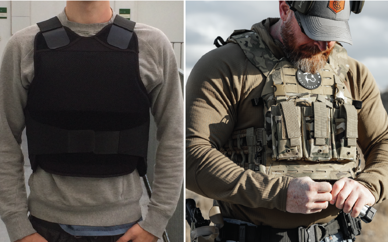 Side-by-side comparison of a plain black concealable plate carrier on a civilian and a multicam tactical plate carrier with magazine pouches worn by a bearded man outdoors.