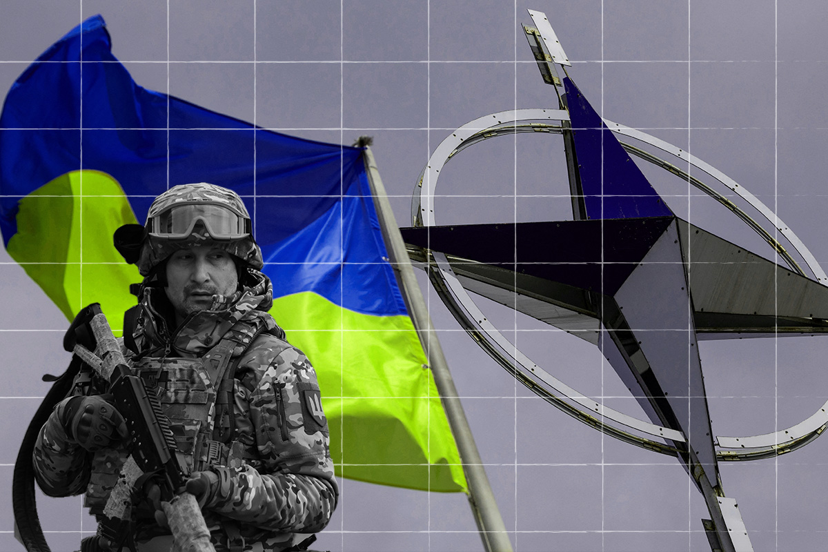 A Ukrainian soldier in camouflage carrying a rifle stands in front of the Ukrainian flag and a NATO emblem in a composite editorial image.