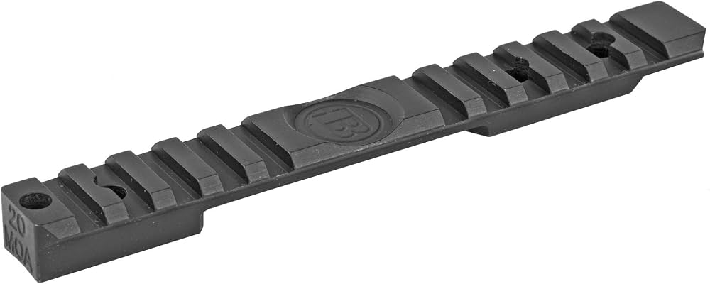 A matte black one-piece 20 MOA Picatinny scope rail with manufacturer logo embossed in the center, shown on a white background.
