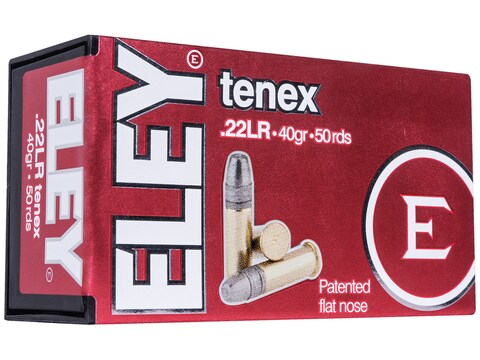 Box of Eley Tenex .22 LR 40 grain 50-round ammunition with two cartridges displayed in front.