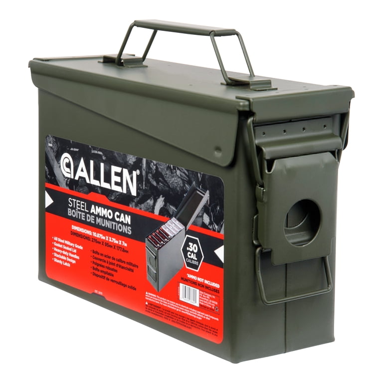 Olive drab Allen brand .30 caliber steel ammunition can with carry handle and latch, shown with product label on white background.