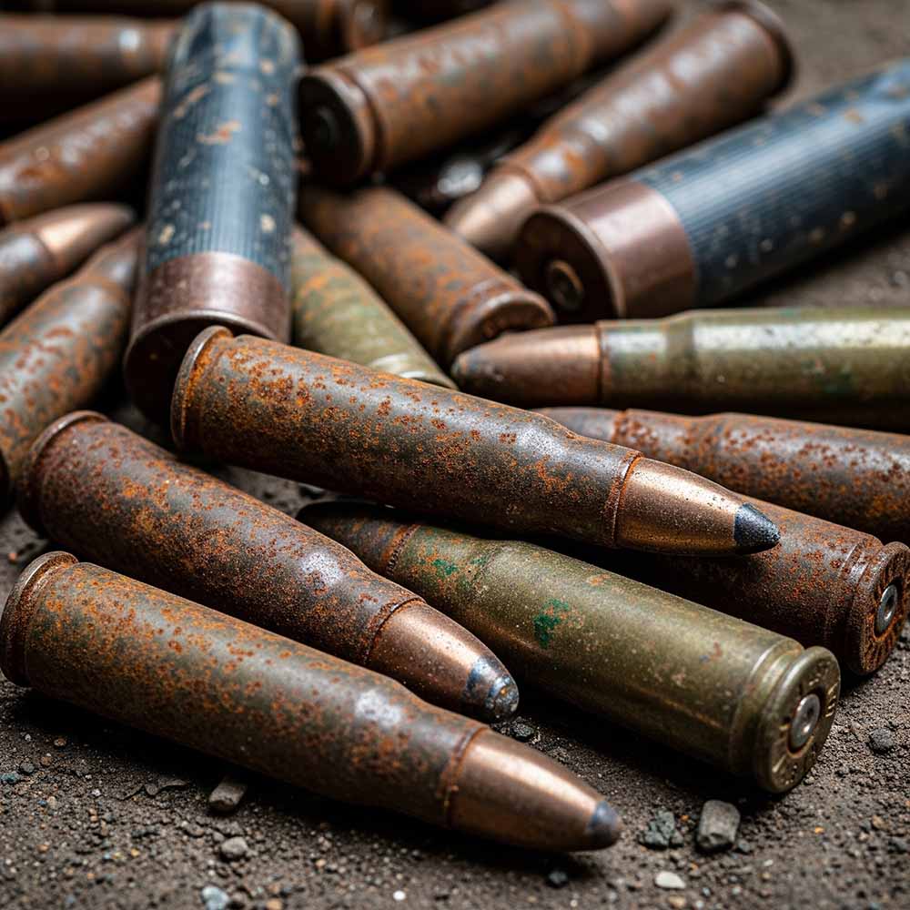 Pile of heavily rusted and corroded rifle cartridges with oxidized brass cases and deteriorated primers on a dirt surface.