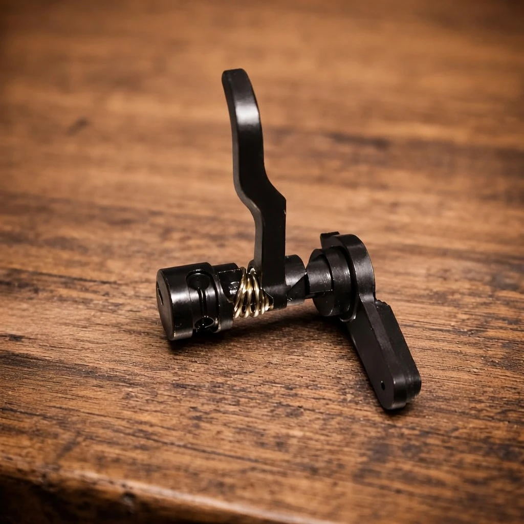 Disassembled push-button magazine catch assembly with spring, button, and lever on a wooden surface.