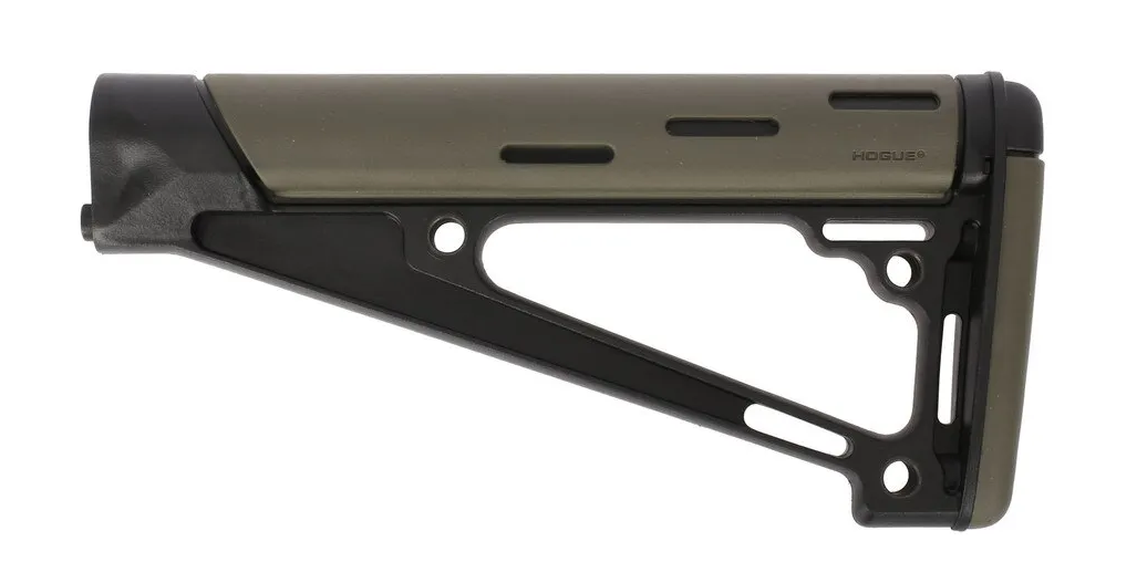 The Hogue overmolded rifle stock features a rubber-over-rigid-core construction that dampens recoil and provides non-slip grip in cold or wet conditions. The textured surface is particularly valuable on .308 rifle-length builds.